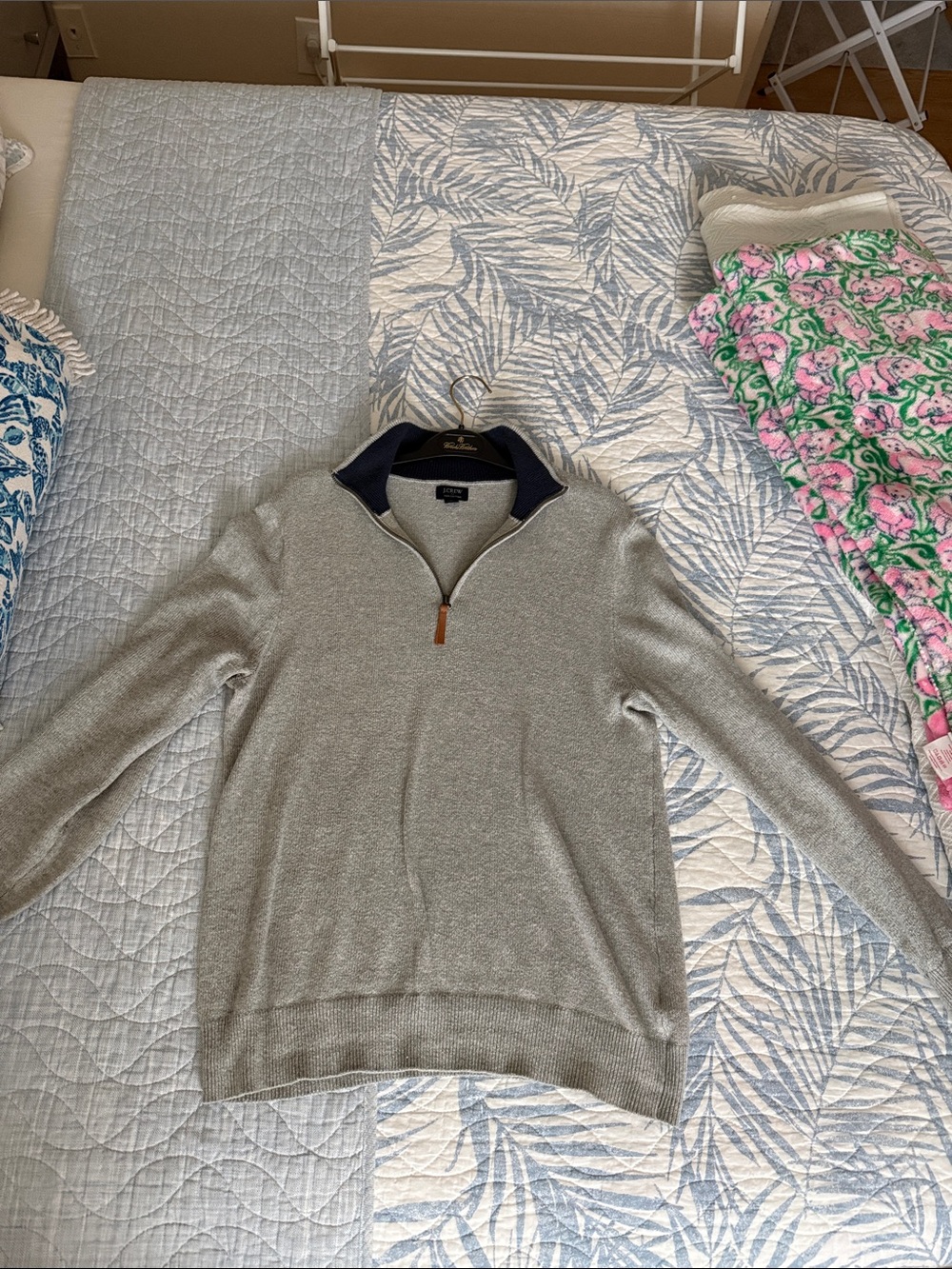 J. Crew Men's Light Gray Half-Zip Sweater with Navy Collar